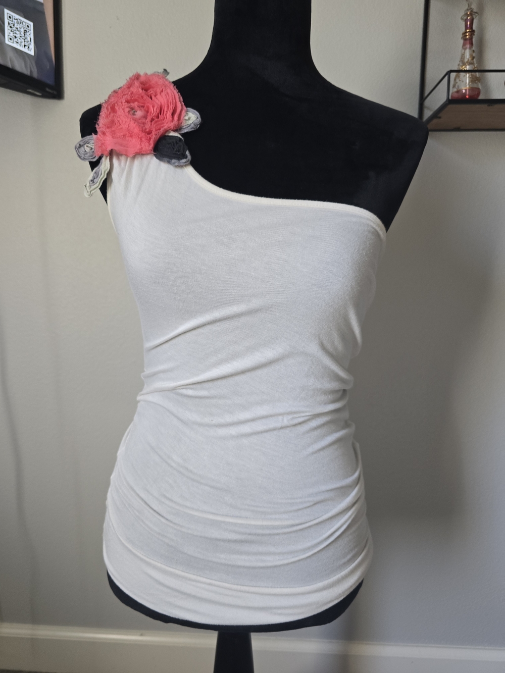 Asymmetrical White One-Shoulder Tank with Pink Floral Accent